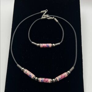 Handcrafted 70s Pink Floral Ceramic Bead Necklace & Bracelet Set - Women Jewelry